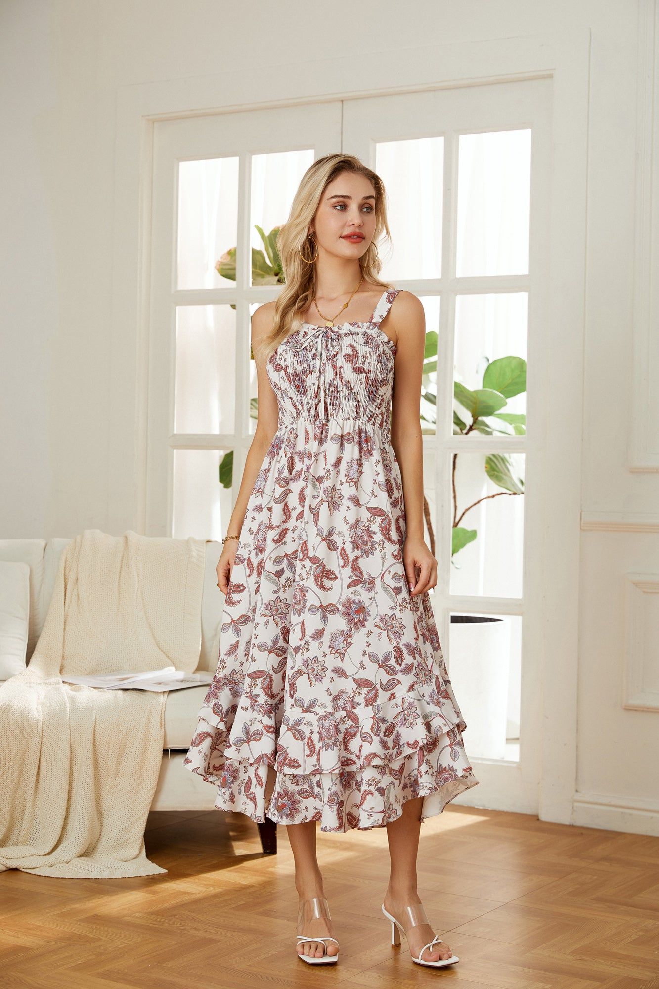 Square Neck Strapped Swing Floral Boho Long Maxi Dress - Brown sold by Grace Karin