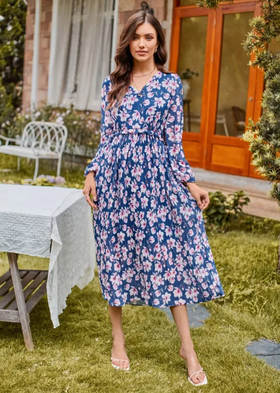 Elastic Waist Long Sleeve V-Neck Pleated Floral Midi Dress - Blue sold by Grace Karin