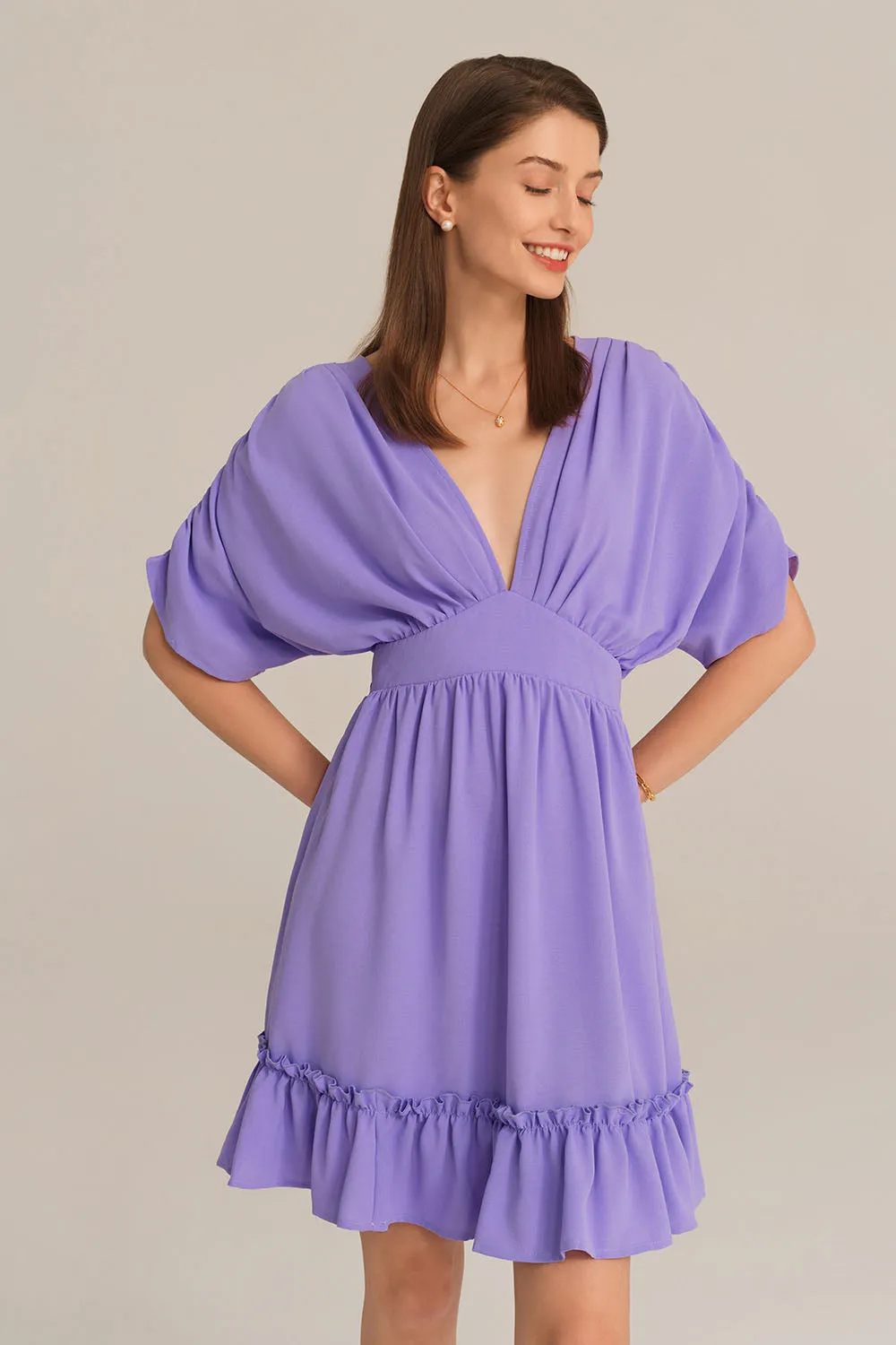 Plunging V-Neck Short Batwing Sleeve Flared A-Line Dress - Purple sold by Grace Karin product image thumbnail 2