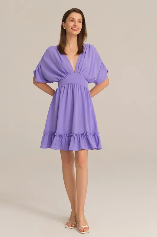 Plunging V-Neck Short Batwing Sleeve Flared A-Line Dress - Purple sold by Grace Karin