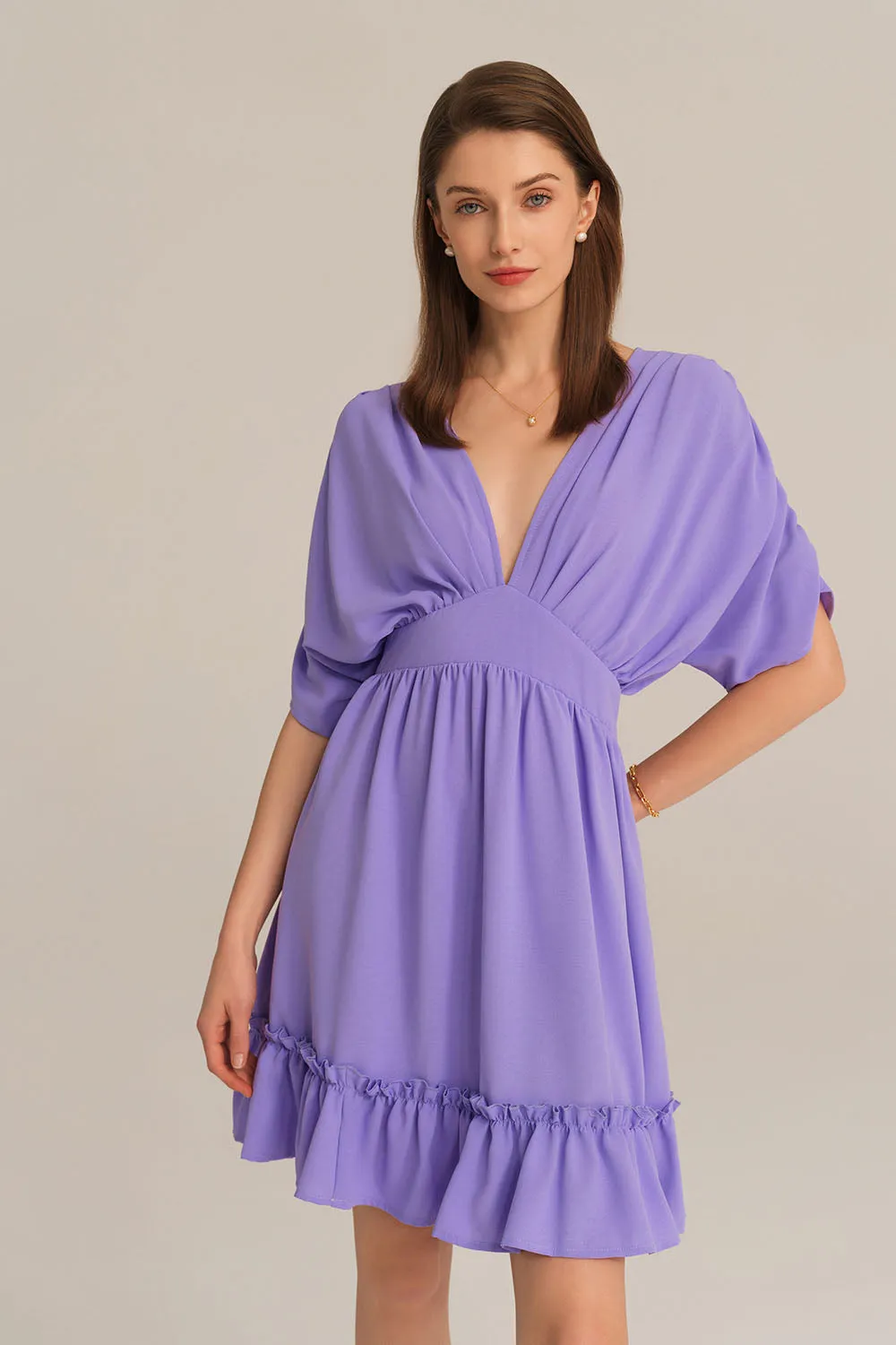 Plunging V-Neck Short Batwing Sleeve Flared A-Line Dress - Purple sold by Grace Karin product image thumbnail 3