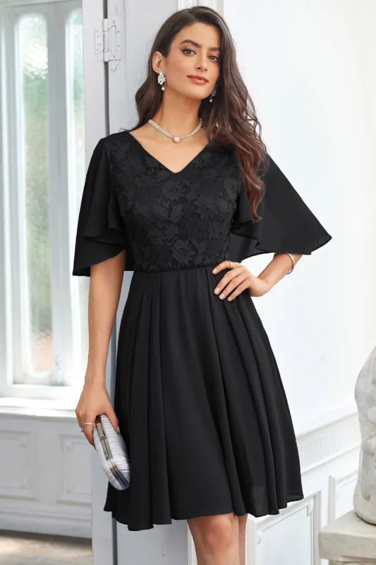Women Lace Patchwork Dress Cape Sleeve V-Neck Flared A-Line Dress sold by Grace Karin