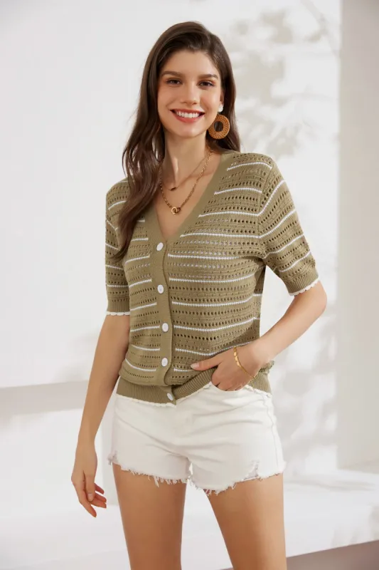 Hollowed-out Short Sleeve V-Neck Stripped Knitted Cardigan - Green sold by Grace Karin