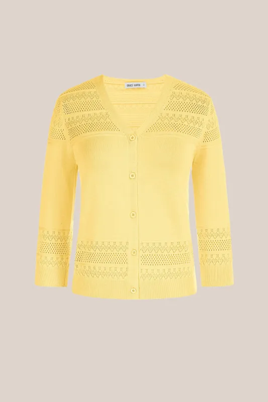 GK Women Hollowed-out Cardigan 3/4 Sleeve V-Neck Button-up Sweater Knitwear sold by Grace Karin