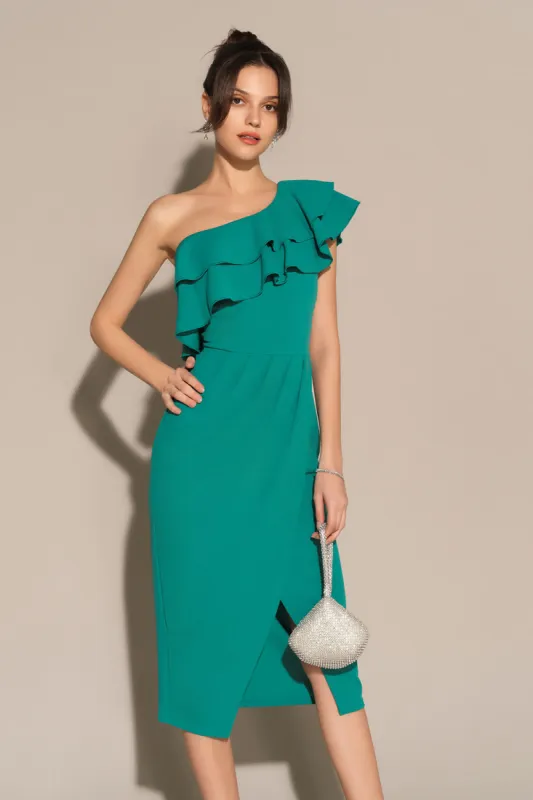 Wrap Hem Ruched One-Shoulder Oblique Neck Bodycon Party Dress - Green sold by Grace Karin