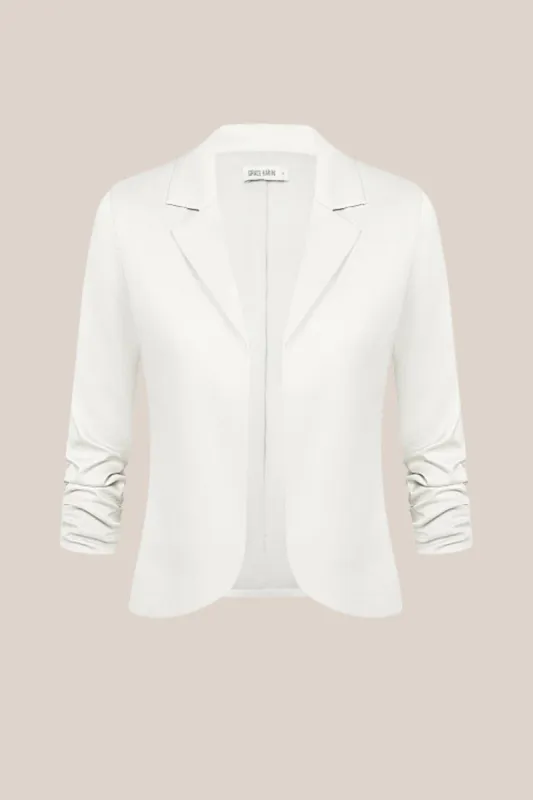 Women Cropped Blazer Coat 3/4 Ruched Sleeve Open Front Irregular Hem Coat sold by Grace Karin