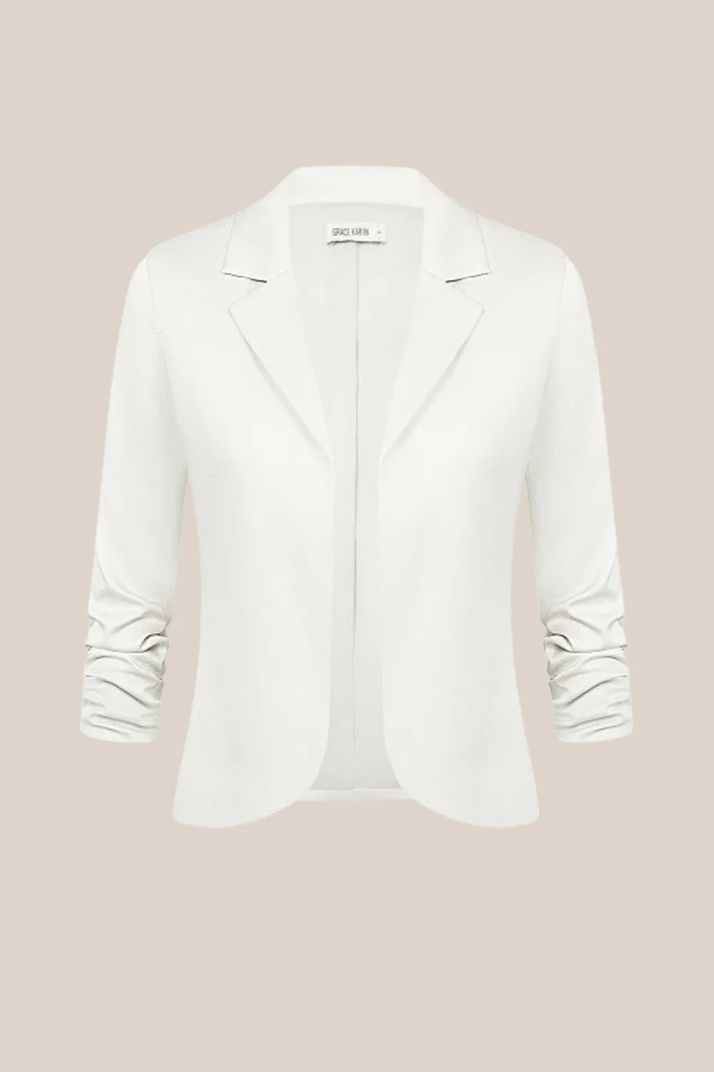 Women Cropped Blazer Coat 3/4 Ruched Sleeve Open Front Irregular Hem Coat sold by Grace Karin