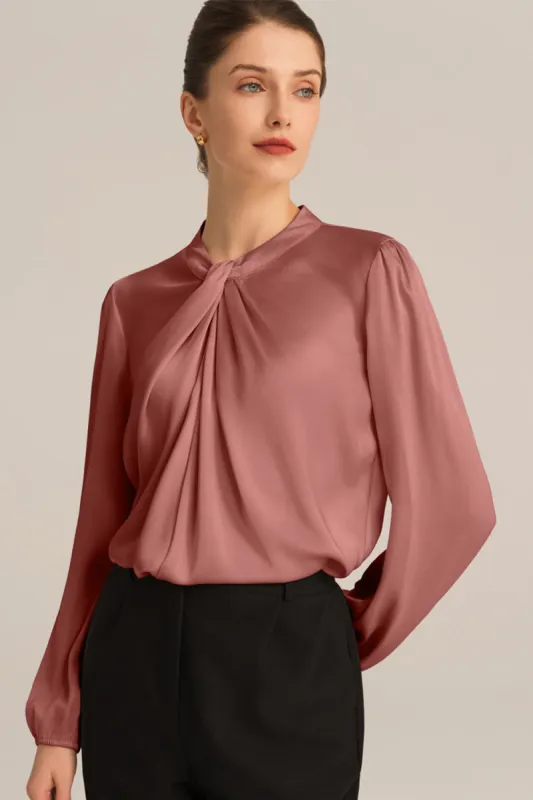 Knotted Neck Comfy Long Sleeve Keyhole Back Blouse - Apricot sold by Grace Karin