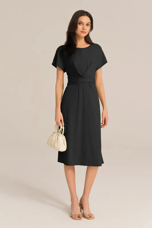 Short Sleeve Round Neck Belted A-Line Dress - Black sold by Grace Karin
