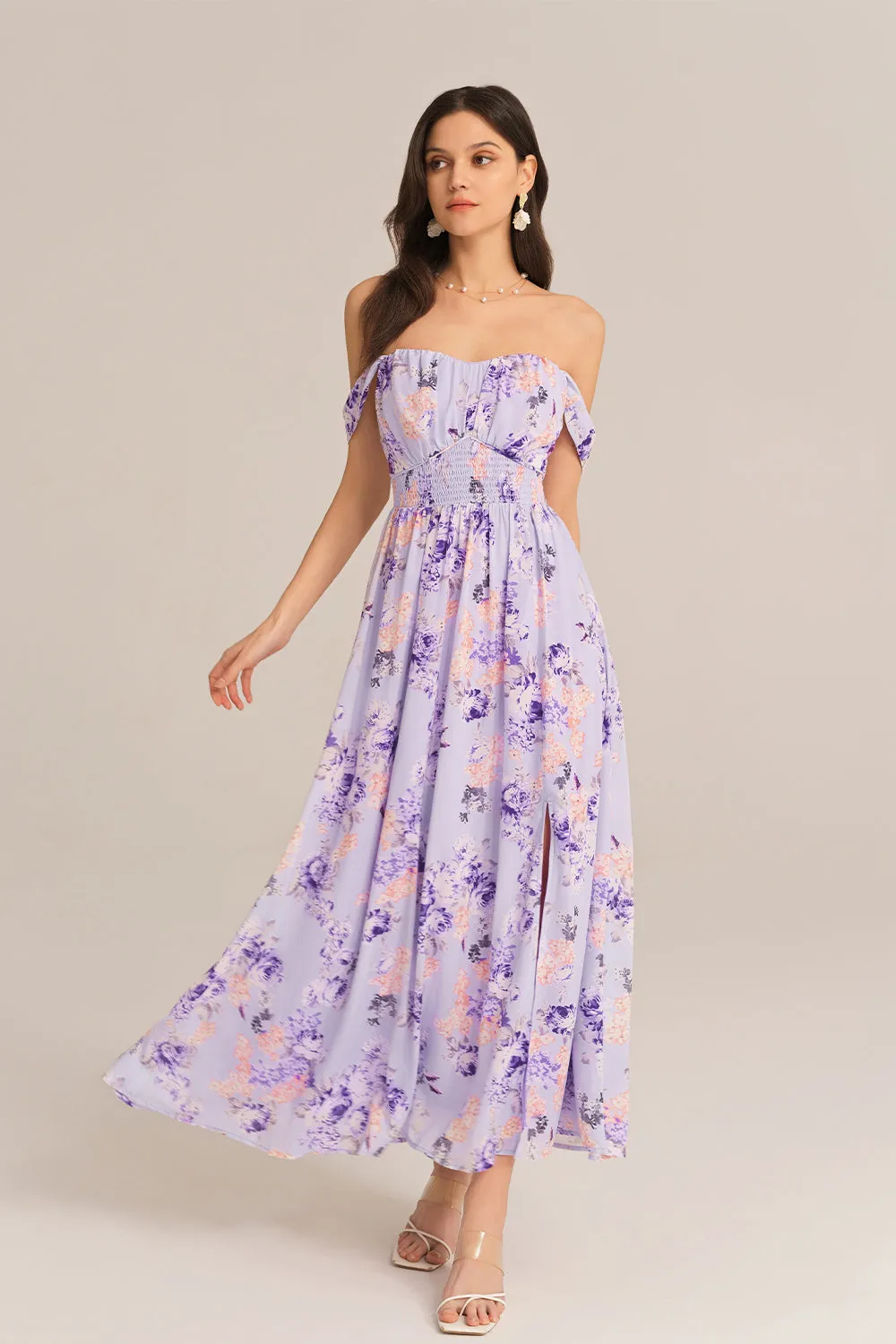 Front Slit Off Shoulder Elastic Waist Flared Dress - Purple sold by Grace Karin product image thumbnail 2