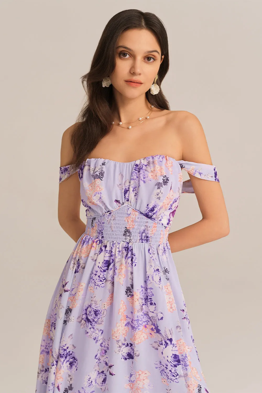 Front Slit Off Shoulder Elastic Waist Flared Dress - Purple sold by Grace Karin product image thumbnail 3