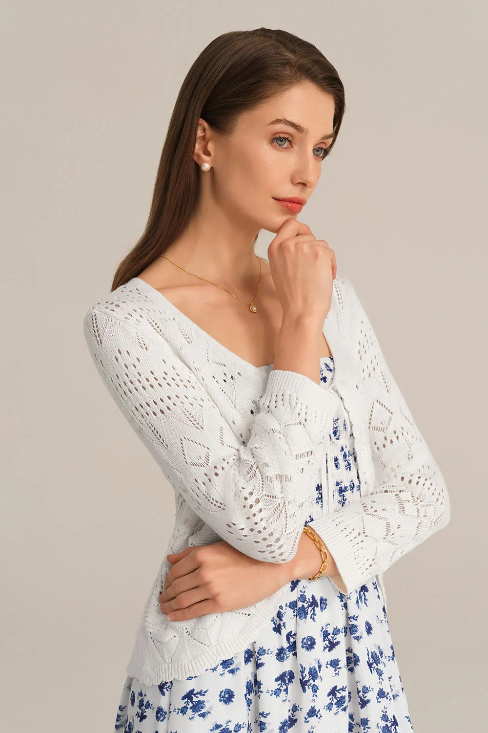 Hollowed-out Cardigan 3/4 Sleeve V-Neck Tie-Front Knitted Cardigan sold by Grace Karin product image thumbnail 2