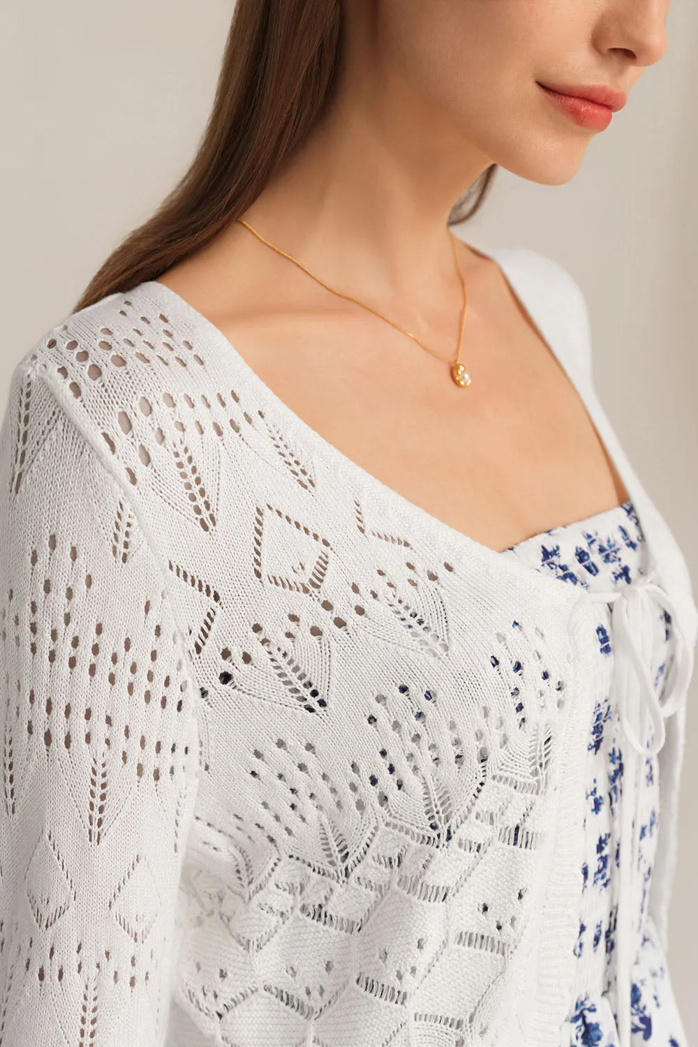 Hollowed-out Cardigan 3/4 Sleeve V-Neck Tie-Front Knitted Cardigan sold by Grace Karin product image thumbnail 4