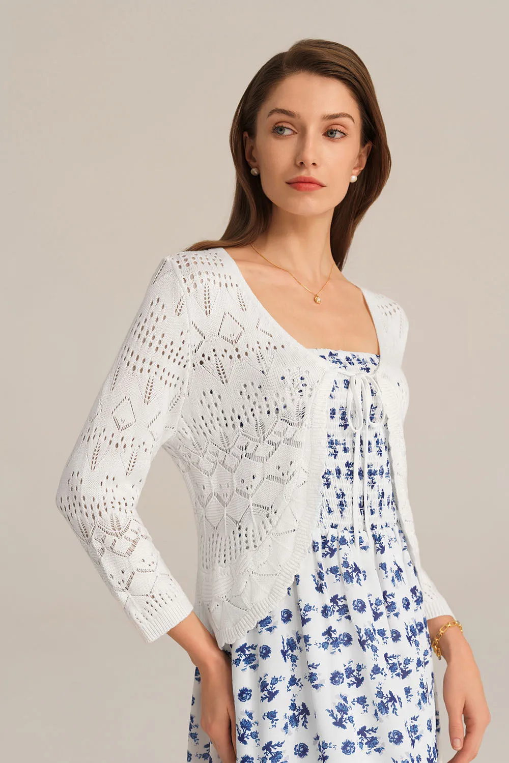 Hollowed-out Cardigan 3/4 Sleeve V-Neck Tie-Front Knitted Cardigan sold by Grace Karin