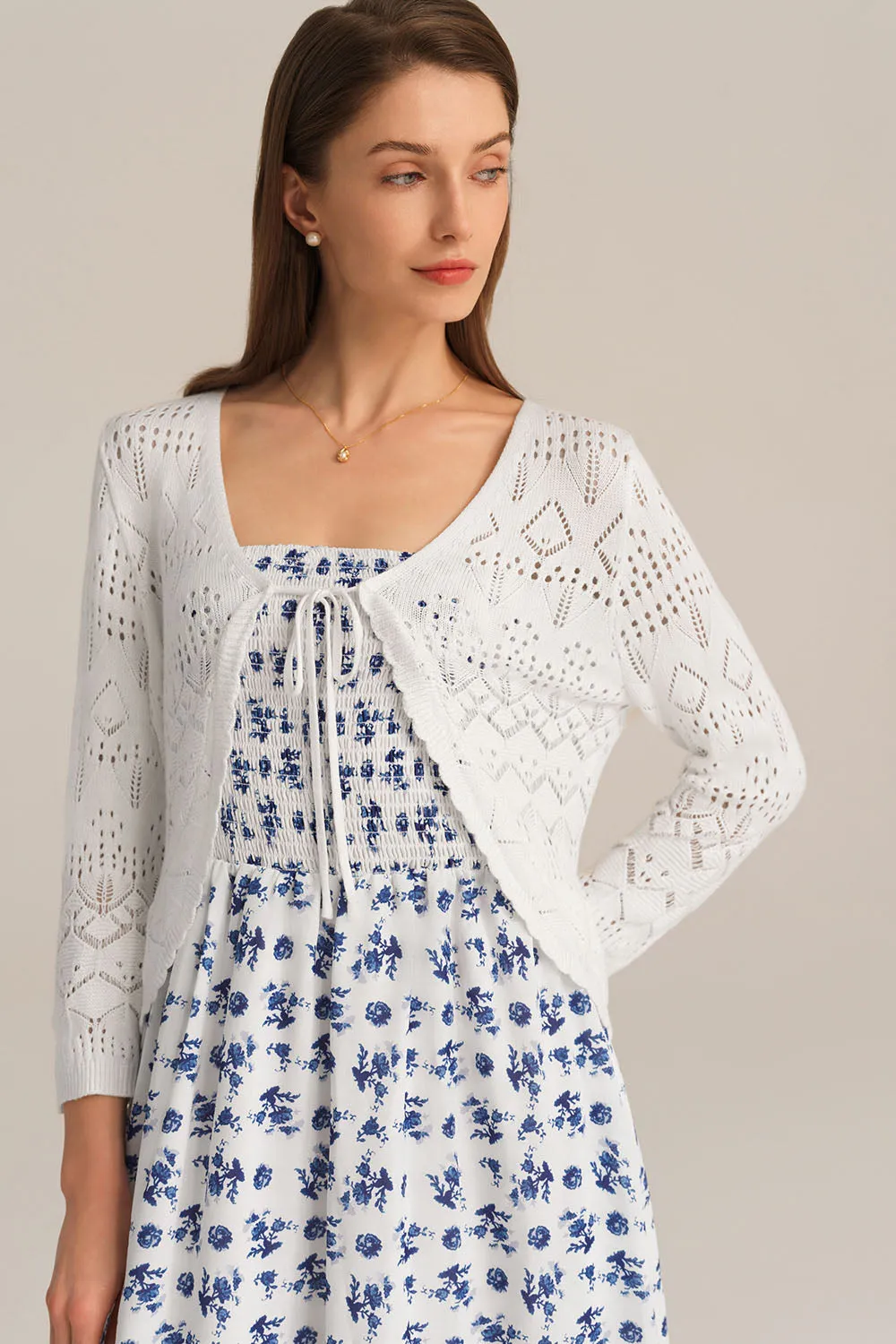 Hollowed-out Cardigan 3/4 Sleeve V-Neck Tie-Front Knitted Cardigan sold by Grace Karin product image thumbnail 3