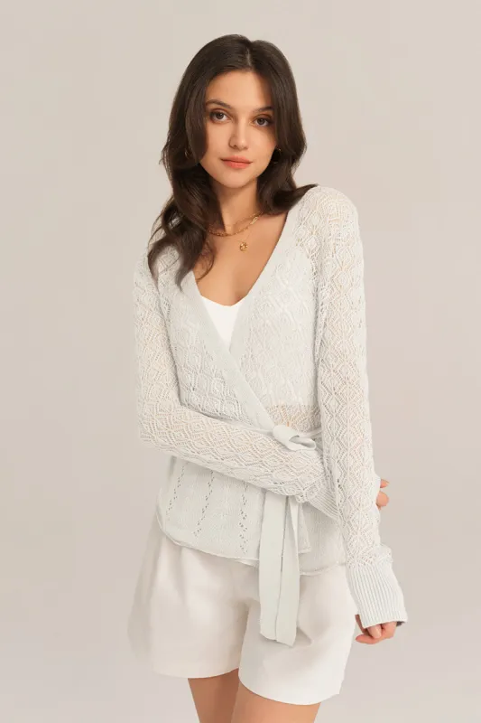 Hollowed-out Long Sleeve Cardigan with Belt - White sold by Grace Karin
