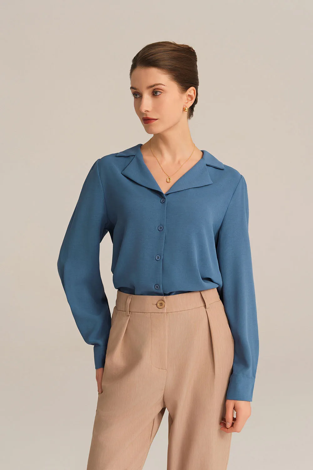 Lapel Collar Puffed Long Sleeve Button-up Blouse - Blue sold by Grace Karin product image thumbnail 2