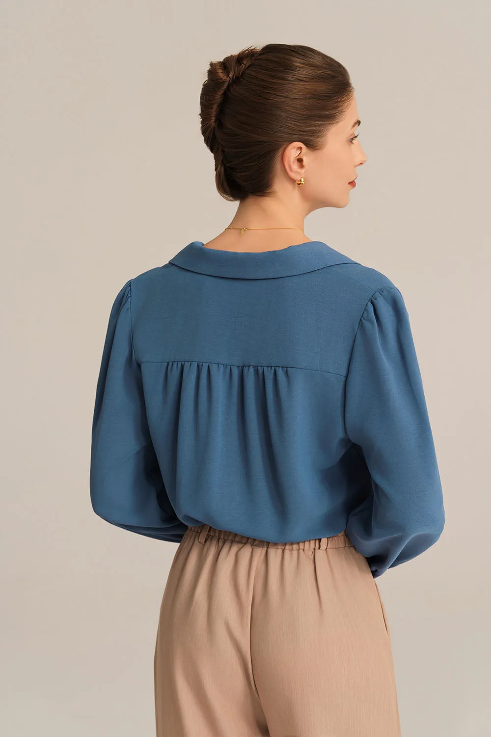 Lapel Collar Puffed Long Sleeve Button-up Blouse - Blue sold by Grace Karin product image thumbnail 4