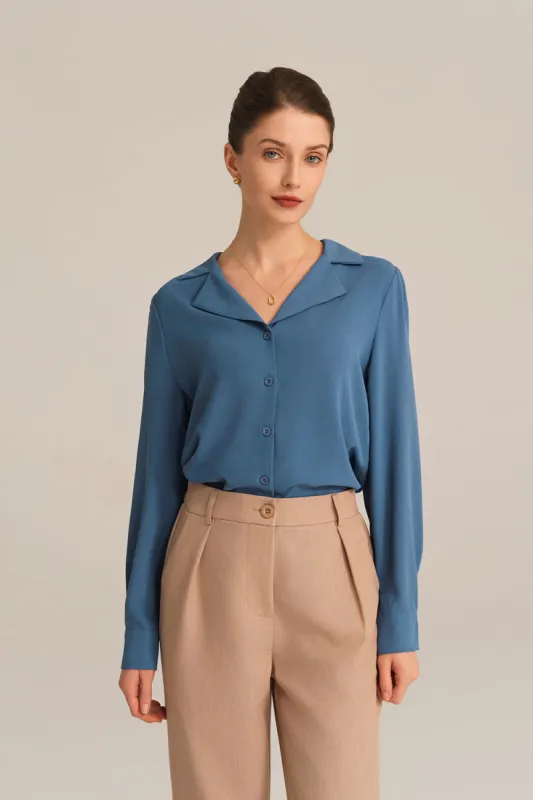 Lapel Collar Puffed Long Sleeve Button-up Blouse - Blue sold by Grace Karin
