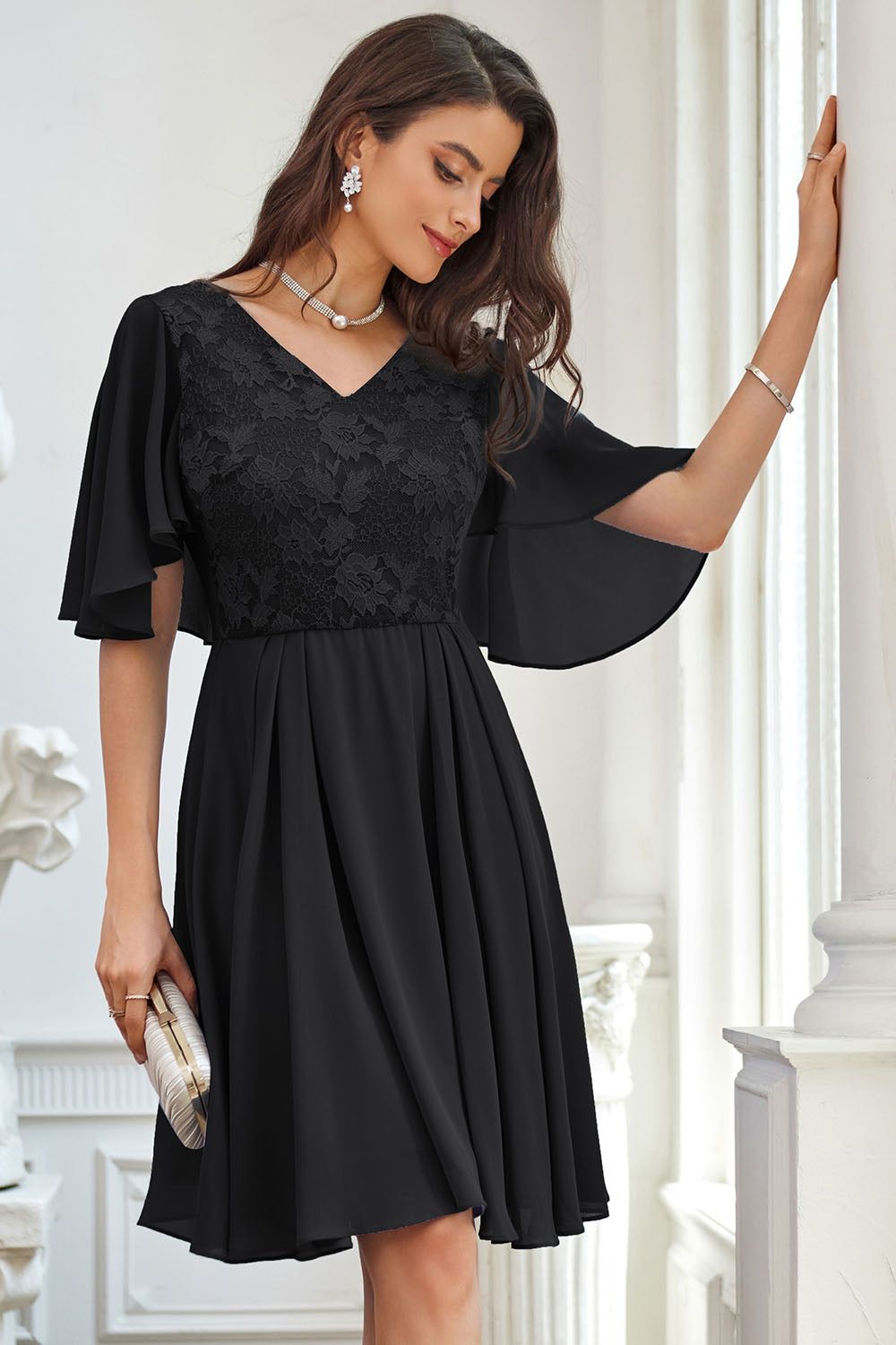 Women Lace Patchwork Dress Cape Sleeve V-Neck Flared A-Line Dress sold by Grace Karin product image thumbnail 2