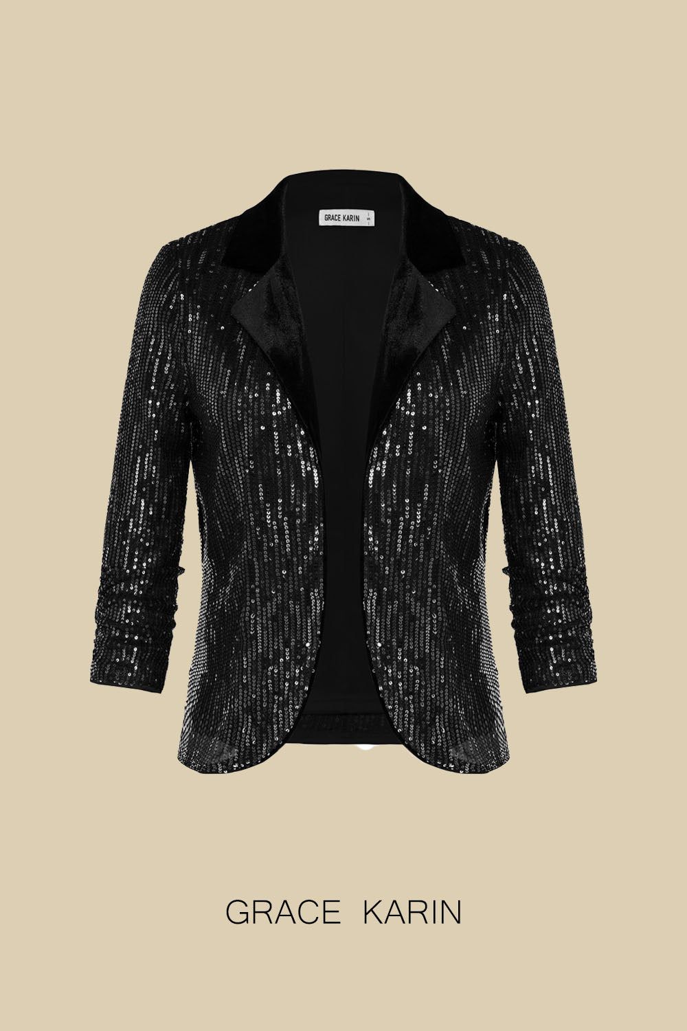 GK Women Sequined Party Blazer Coat 3/4 Sleeve Lapel Collar Open Front Coat sold by Grace Karin product image thumbnail 2