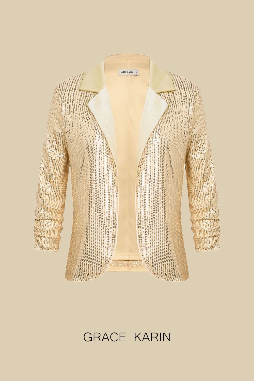 GK Women Sequined Party Blazer Coat 3/4 Sleeve Lapel Collar Open Front Coat sold by Grace Karin product image thumbnail 4