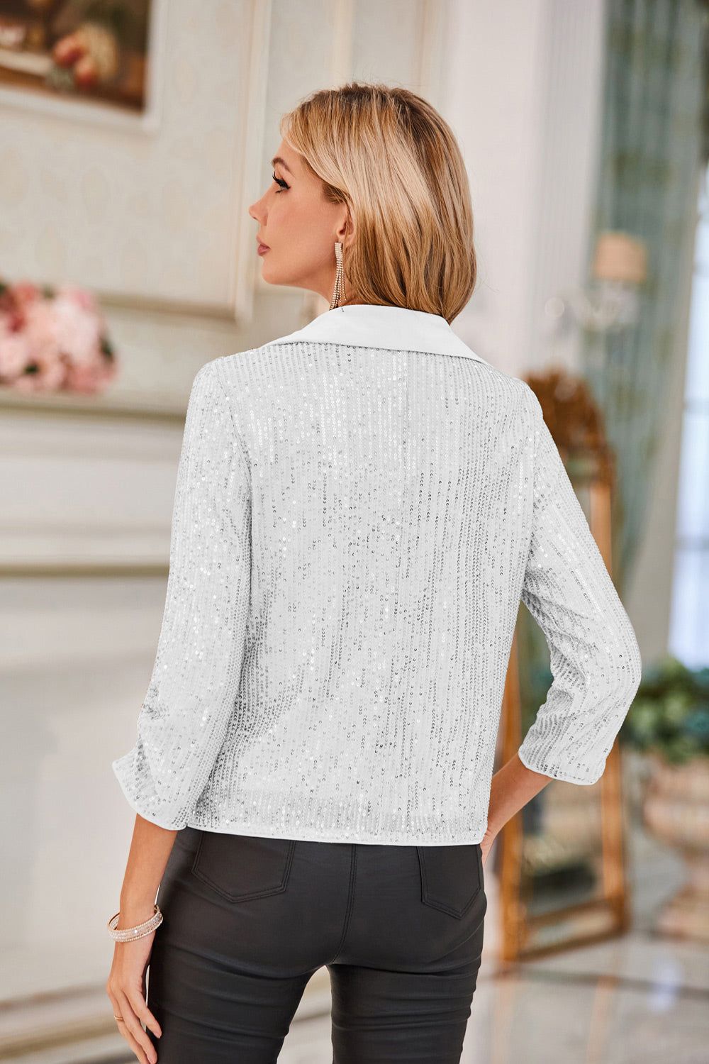 GK Women Sequined Party Blazer Coat 3/4 Sleeve Lapel Collar Open Front Coat sold by Grace Karin product image thumbnail 6