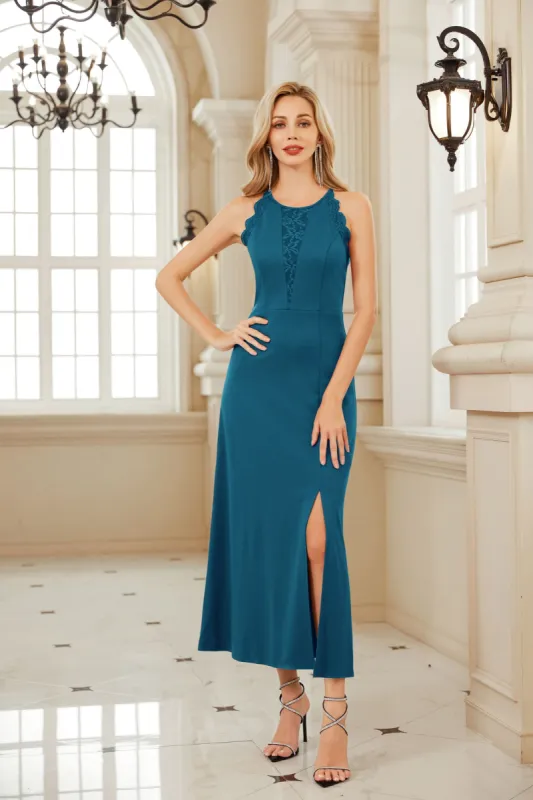 Lace Patchwork Halterneck Front Slit Party Maxi Dress - Green sold by Grace Karin
