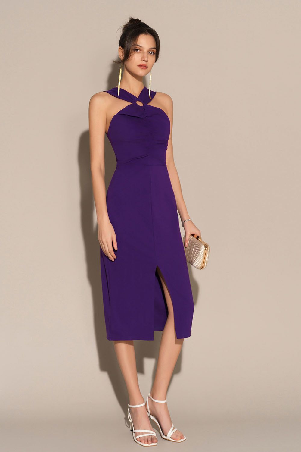 Front Slit Ruched Bodice Halterneck Bodycon Party Dress - Purple sold by Grace Karin product image thumbnail 2