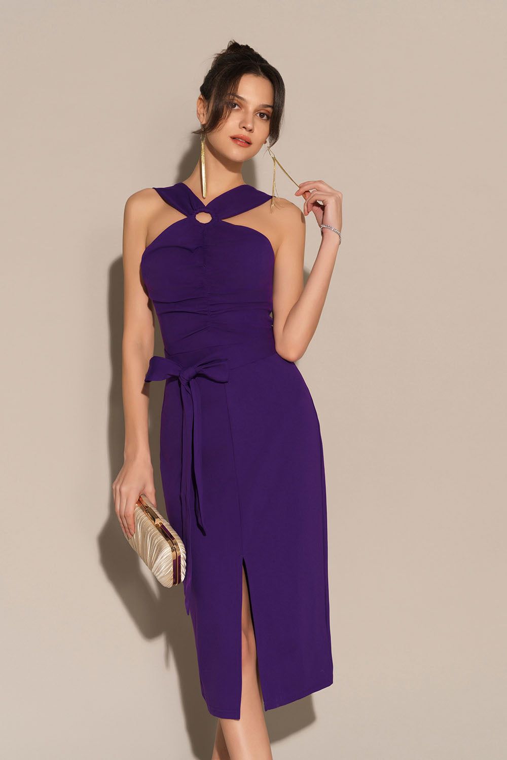 Front Slit Ruched Bodice Halterneck Bodycon Party Dress - Purple sold by Grace Karin product image thumbnail 5