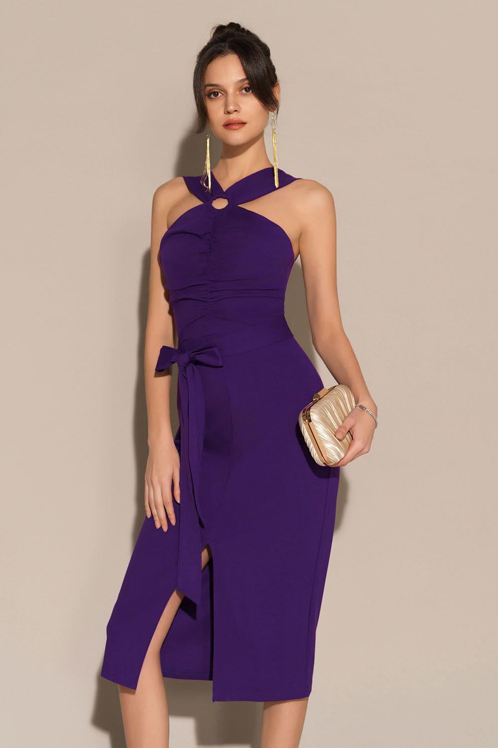Front Slit Ruched Bodice Halterneck Bodycon Party Dress - Purple sold by Grace Karin product image thumbnail 4