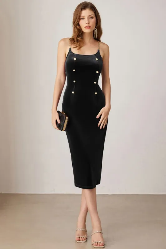 Spaghetti Strap Back Slit Velvet Cocktail Party Midi Dress sold by Grace Karin