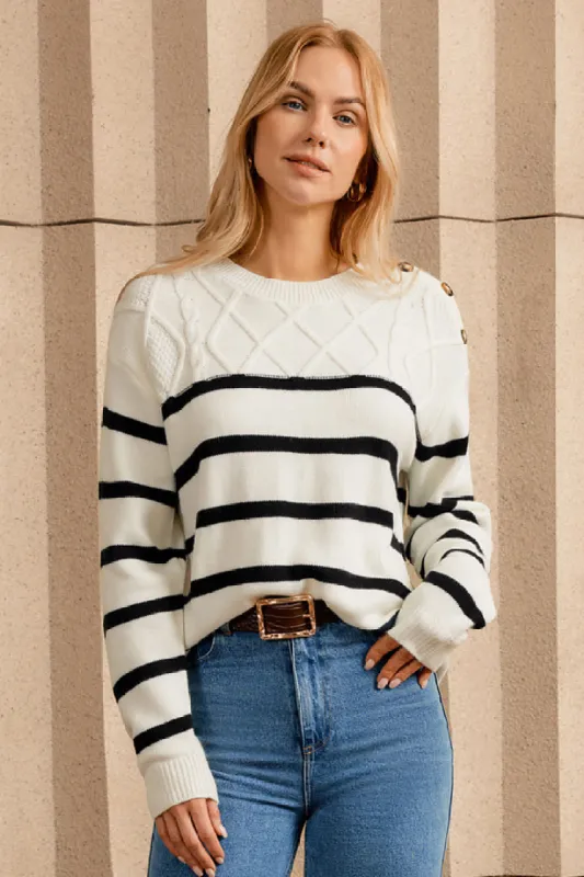Women's Striped Crew Neck Cable Knit Button Pullover Sweater Tops sold by Grace Karin