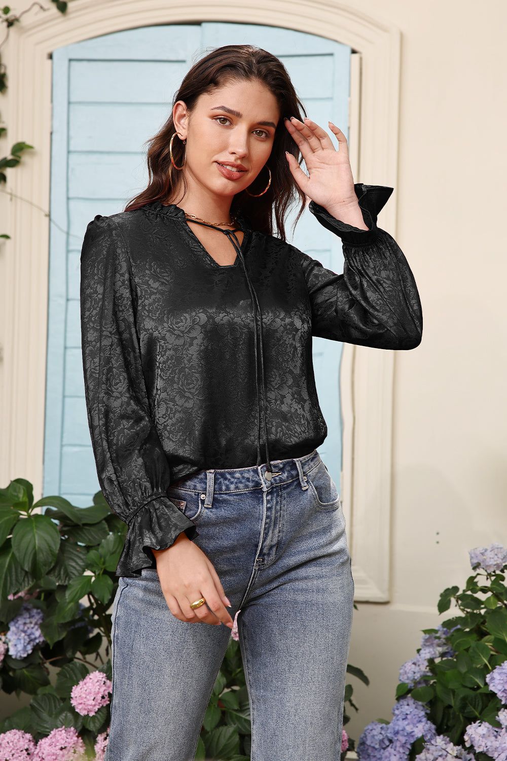 GRACE KARIN Ruffled Stand Collar Blouse Long Sleeve V-Neck Pullover Tops sold by Grace Karin product image thumbnail 6