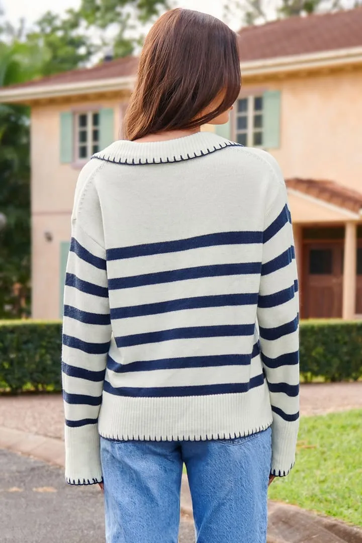 Casual Knitted Pullover V-Neck Striped Long Sleeve Sweater Tops sold by Grace Karin product image thumbnail 3