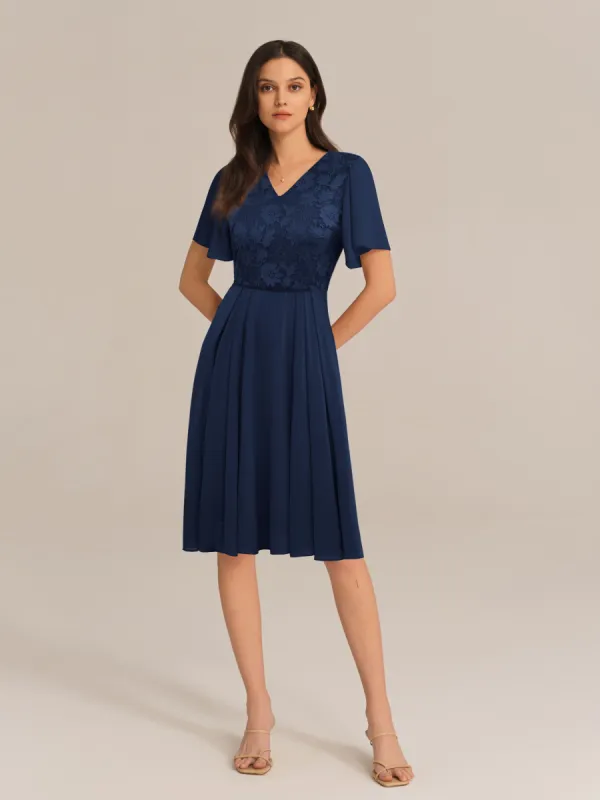 Lace Patchwork V-Neck Cape Sleeve Flared A-Line Dress - Blue sold by Grace Karin