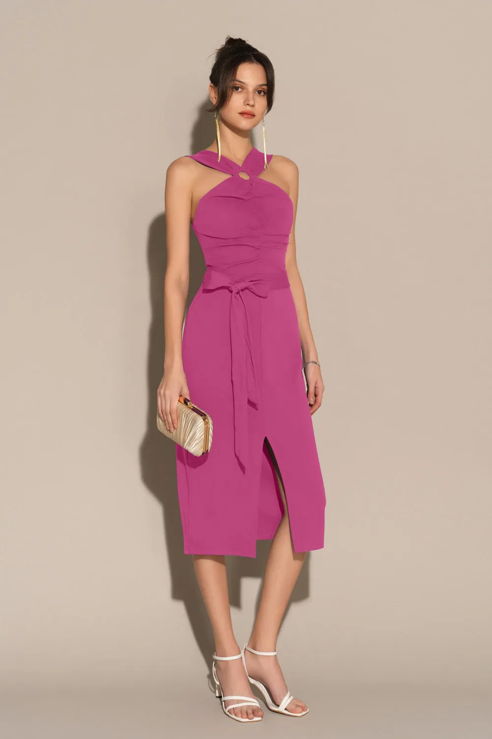 Front Slit Ruched Bodice Halterneck Bodycon Party Dress - Pink sold by Grace Karin