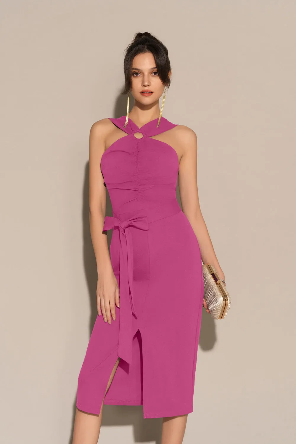 Front Slit Ruched Bodice Halterneck Bodycon Party Dress - Pink sold by Grace Karin product image thumbnail 4