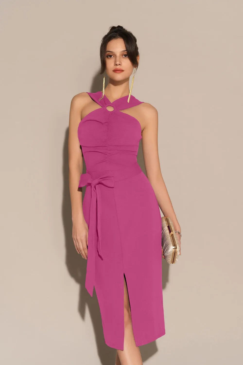 Front Slit Ruched Bodice Halterneck Bodycon Party Dress - Pink sold by Grace Karin product image thumbnail 2