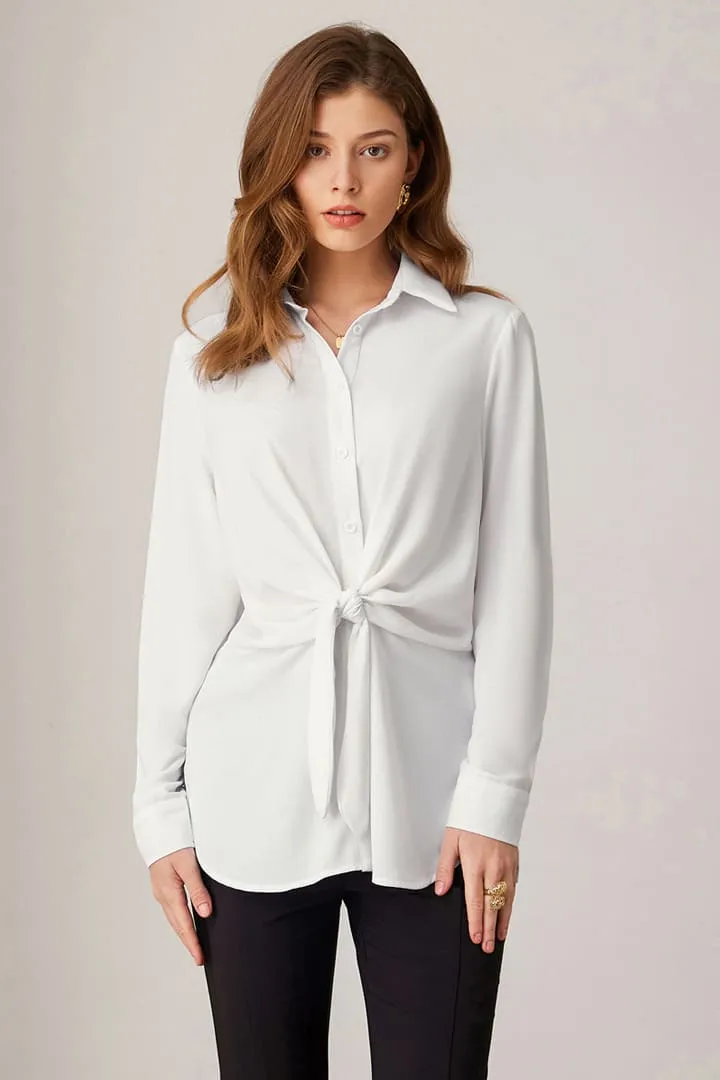 Casual Button Down Belted Slit Long Sleeve Blouse sold by Grace Karin