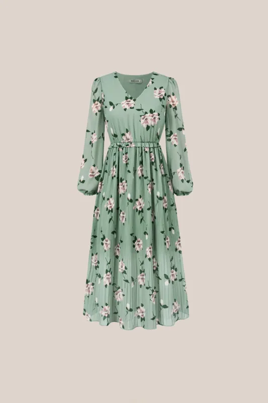 Elastic Waist Long Sleeve V-Neck Pleated Floral Midi Dress - Green sold by Grace Karin