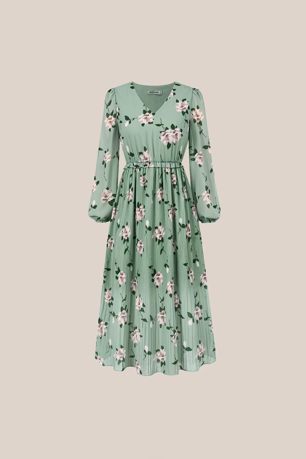 Elastic Waist Long Sleeve V-Neck Pleated Floral Midi Dress - Green sold by Grace Karin