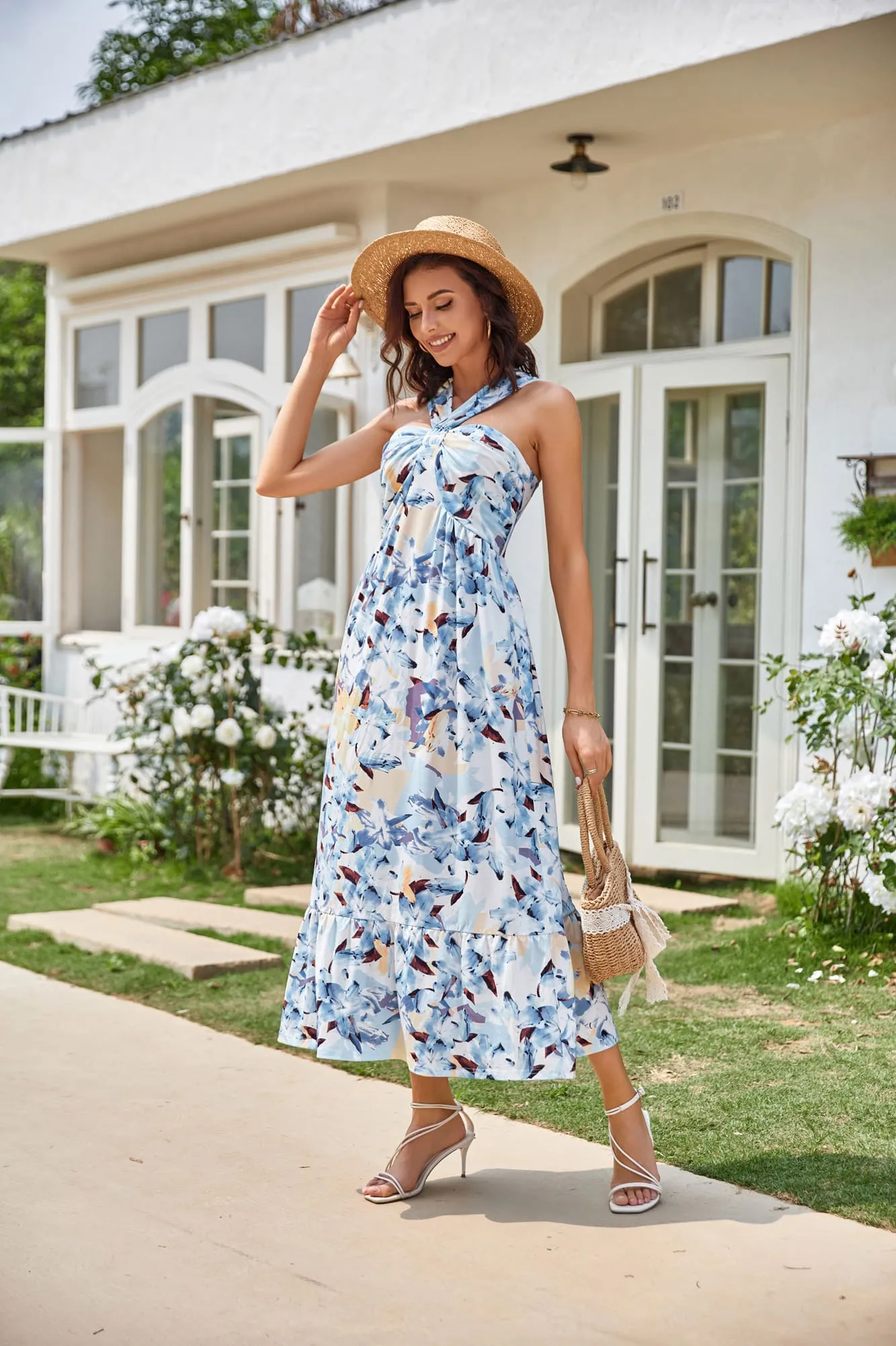 Halter Neck Sleeveless Floral Print Long Maxi Dress - Blue sold by Grace Karin product image thumbnail 3