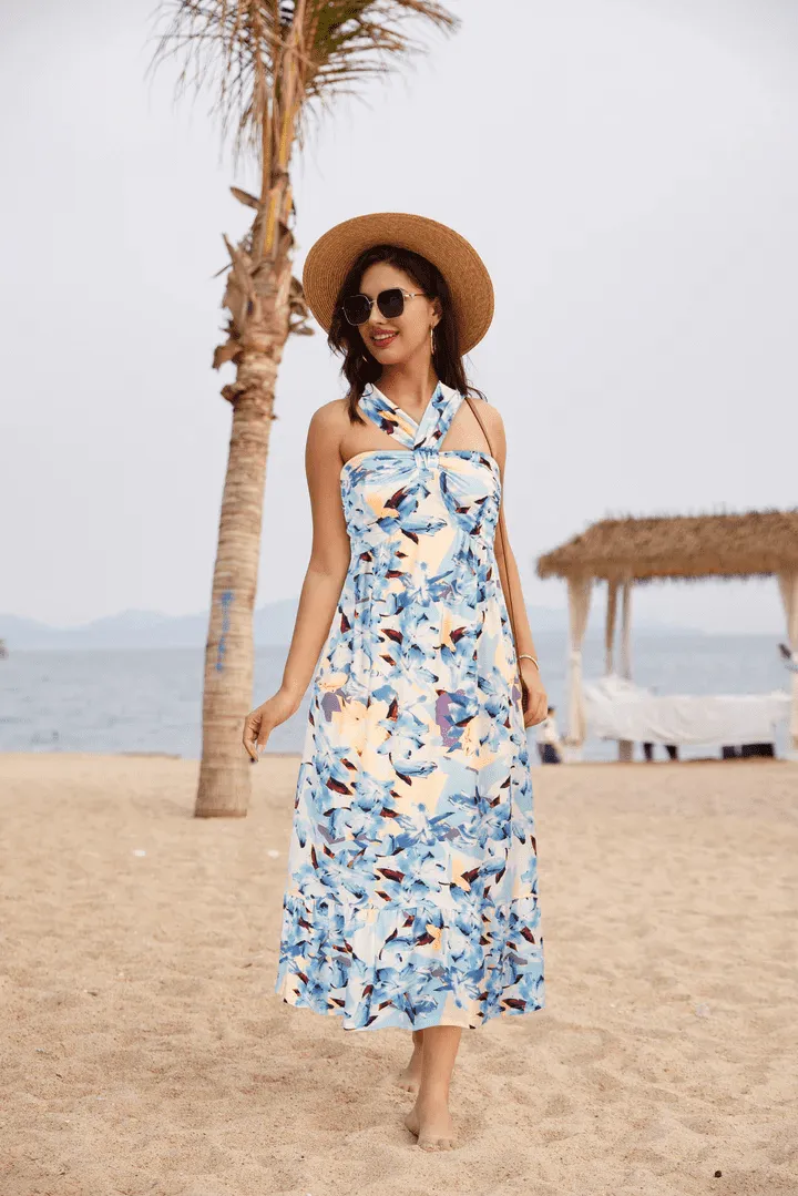 Halter Neck Sleeveless Floral Print Long Maxi Dress - Blue sold by Grace Karin