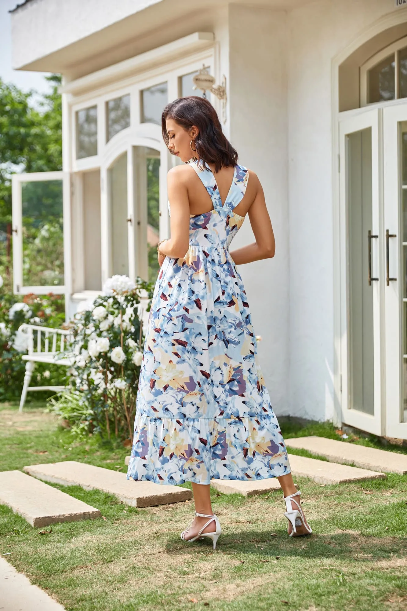 Halter Neck Sleeveless Floral Print Long Maxi Dress - Blue sold by Grace Karin product image thumbnail 4