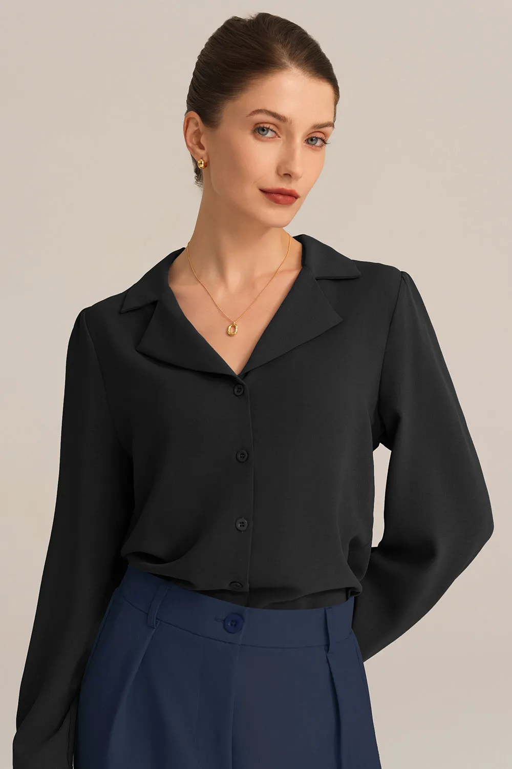 Lapel Collar Puffed Long Sleeve Button-up Blouse - Black sold by Grace Karin product image thumbnail 2