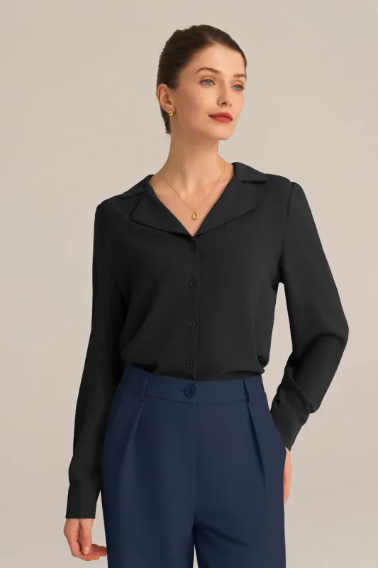 Lapel Collar Puffed Long Sleeve Button-up Blouse - Black sold by Grace Karin