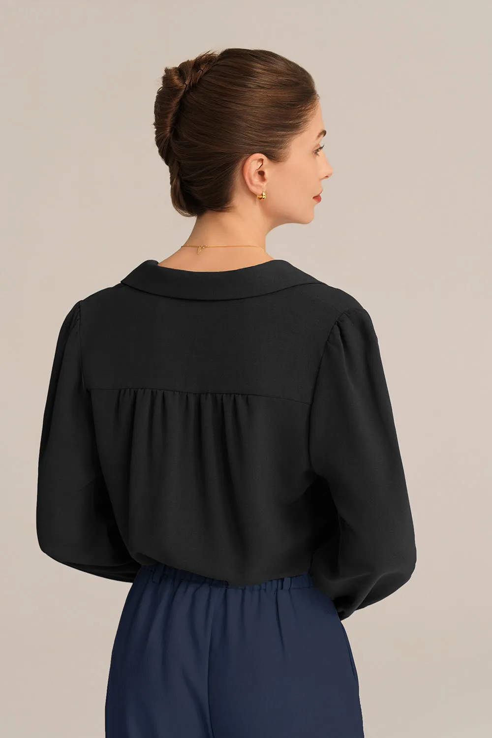 Lapel Collar Puffed Long Sleeve Button-up Blouse - Black sold by Grace Karin product image thumbnail 3