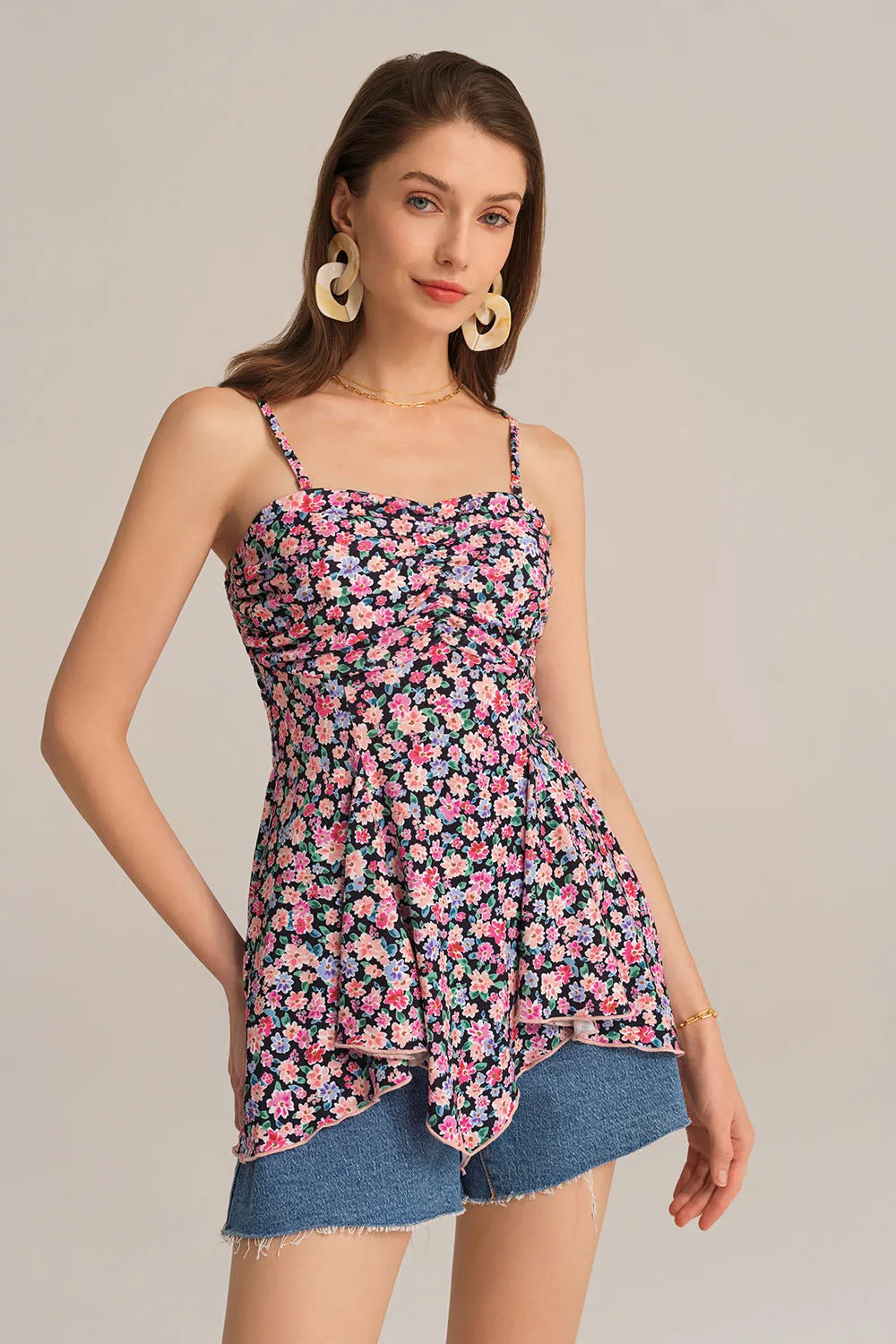 Irregular Hem Spaghetti Straps Ruched Bodice Floral A-Line Tops - Pink sold by Grace Karin