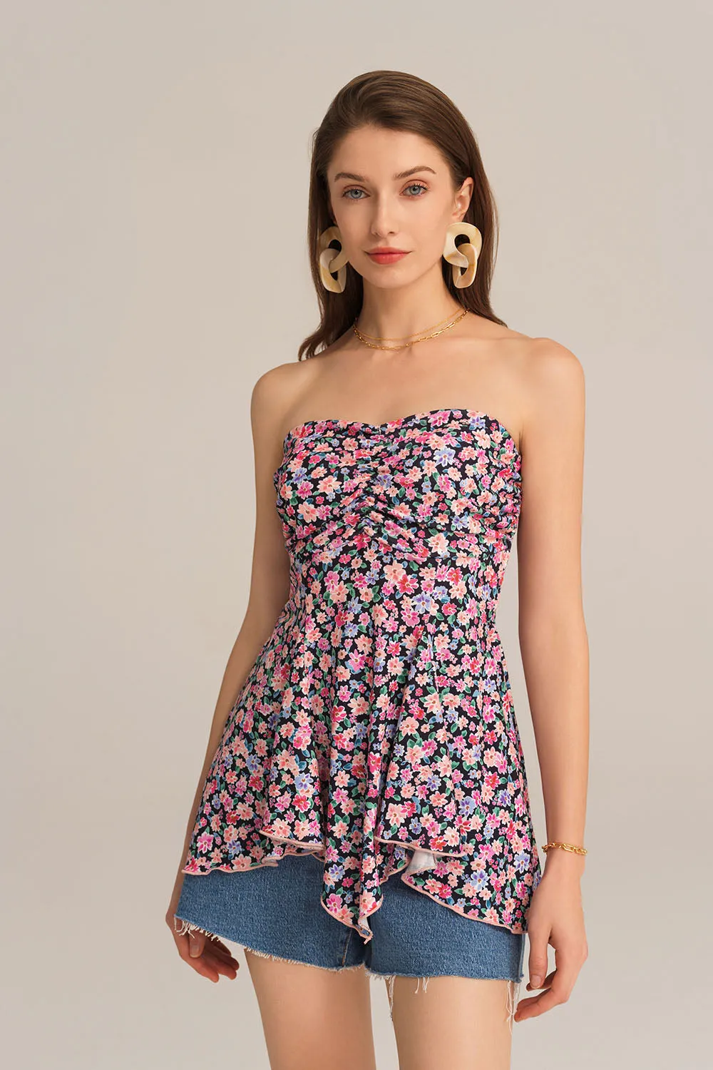 Irregular Hem Spaghetti Straps Ruched Bodice Floral A-Line Tops - Pink sold by Grace Karin product image thumbnail 3